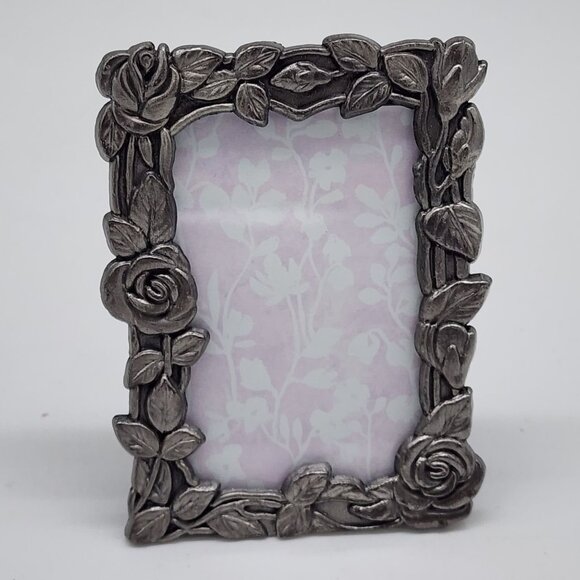 Vintage Pewter Mini Photo Frame With Rose & Leaf Design 12.5"x2.5" - Picture 1 of 10